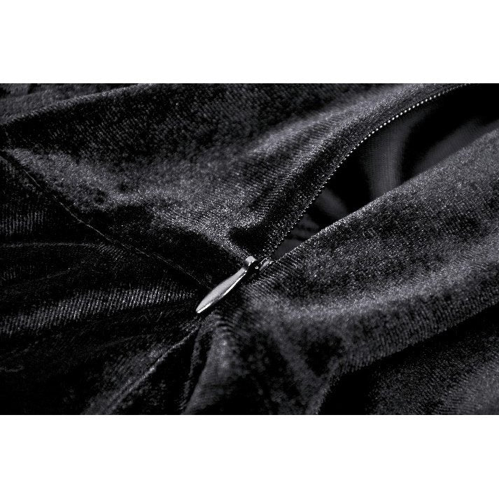 Close-up view of the Dark in Love Onyx Dress showcasing exquisite lace and velvet detailing, ideal for a Victorian-inspired look.