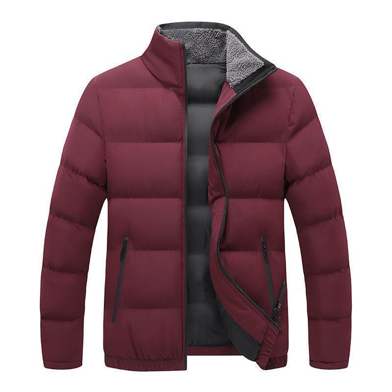 Elegant display of the men's winter jacket, showcasing its mid-length design with zippered side pockets and luxury detailing, suitable for casual or leisure wear.