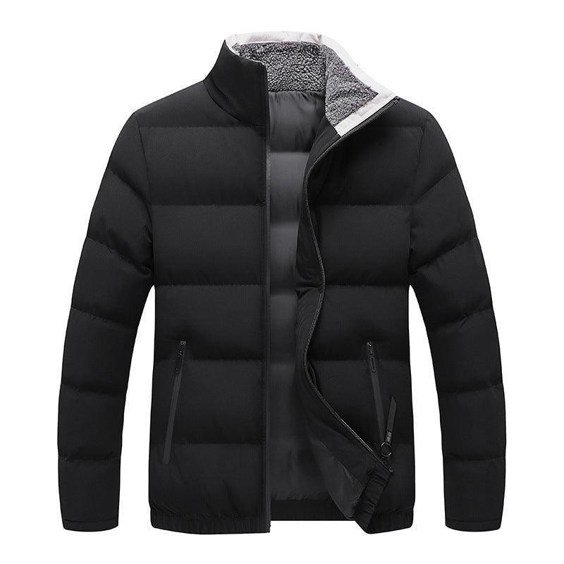 Luxurious men's warm winter padded jacket featuring a high fleece collar, available in a stylish range of colours including black, blue, khaki, and wine red.