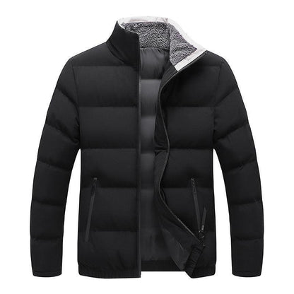 Luxurious men's warm winter padded jacket featuring a high fleece collar, available in a stylish range of colours including black, blue, khaki, and wine red.