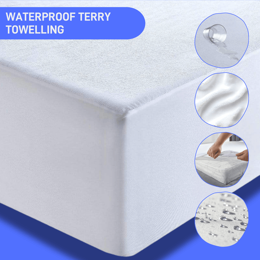 Luxury Terry Towel Waterproof Mattress Protector by OLIVIA ROCCO with deep elasticated skirt, showcasing its highly absorbent and noise-free comfort, perfect for safeguarding your mattress against spills and stains.