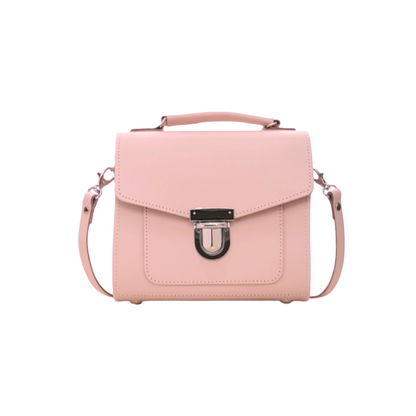 Luxurious Handmade Leather Sugarcube Handbag in Cherry Blossom, featuring a delicate pale pink shade, adjustable and detachable strap, perfect for both casual and formal occasions.