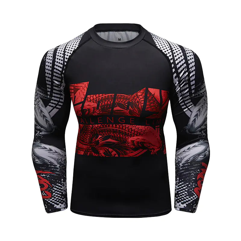 Stylish men's long sleeve compression shirt featuring dynamic red and black graphics, perfect for athletic pursuits while maintaining a fashionable edge.
