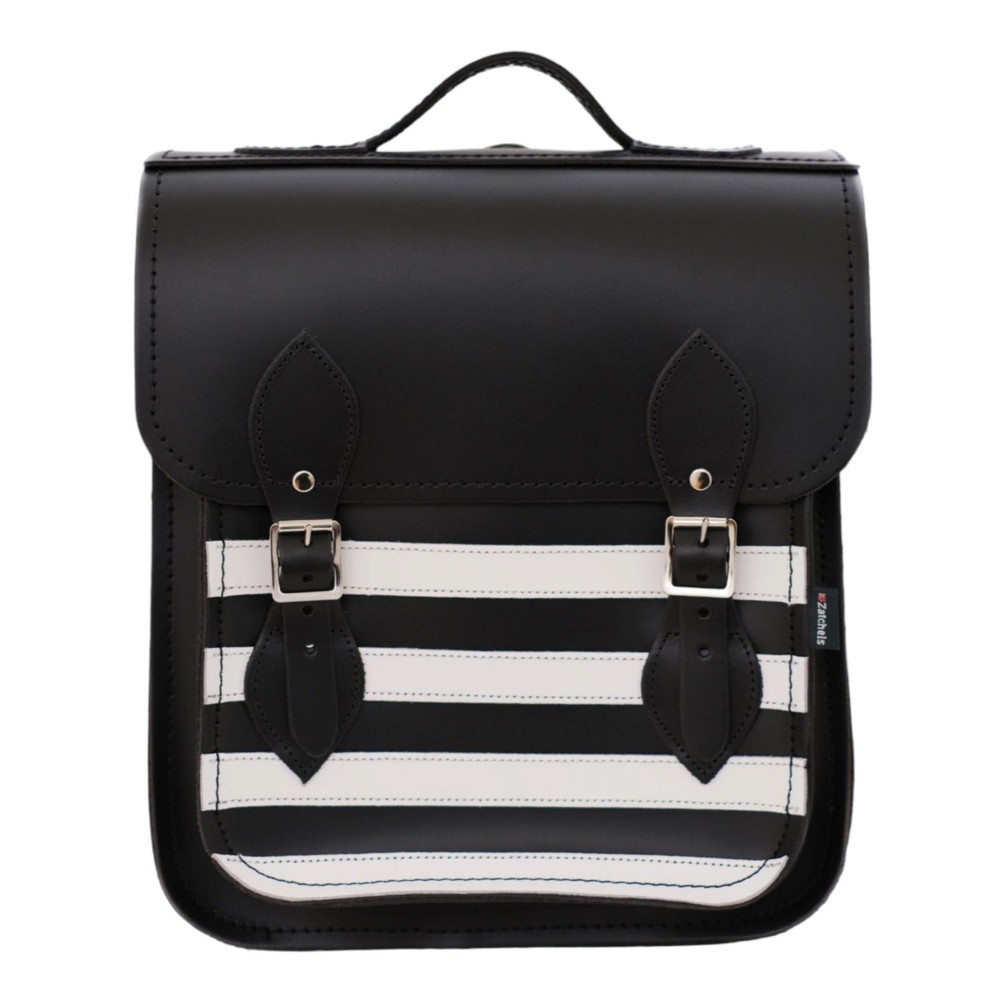 Elegant Handmade Gothic Leather City Backpack in black and white stripes, perfect for laptops and tablets, showcasing premium craftsmanship.