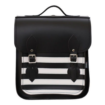 Elegant Handmade Gothic Leather City Backpack in black and white stripes, perfect for laptops and tablets, showcasing premium craftsmanship.
