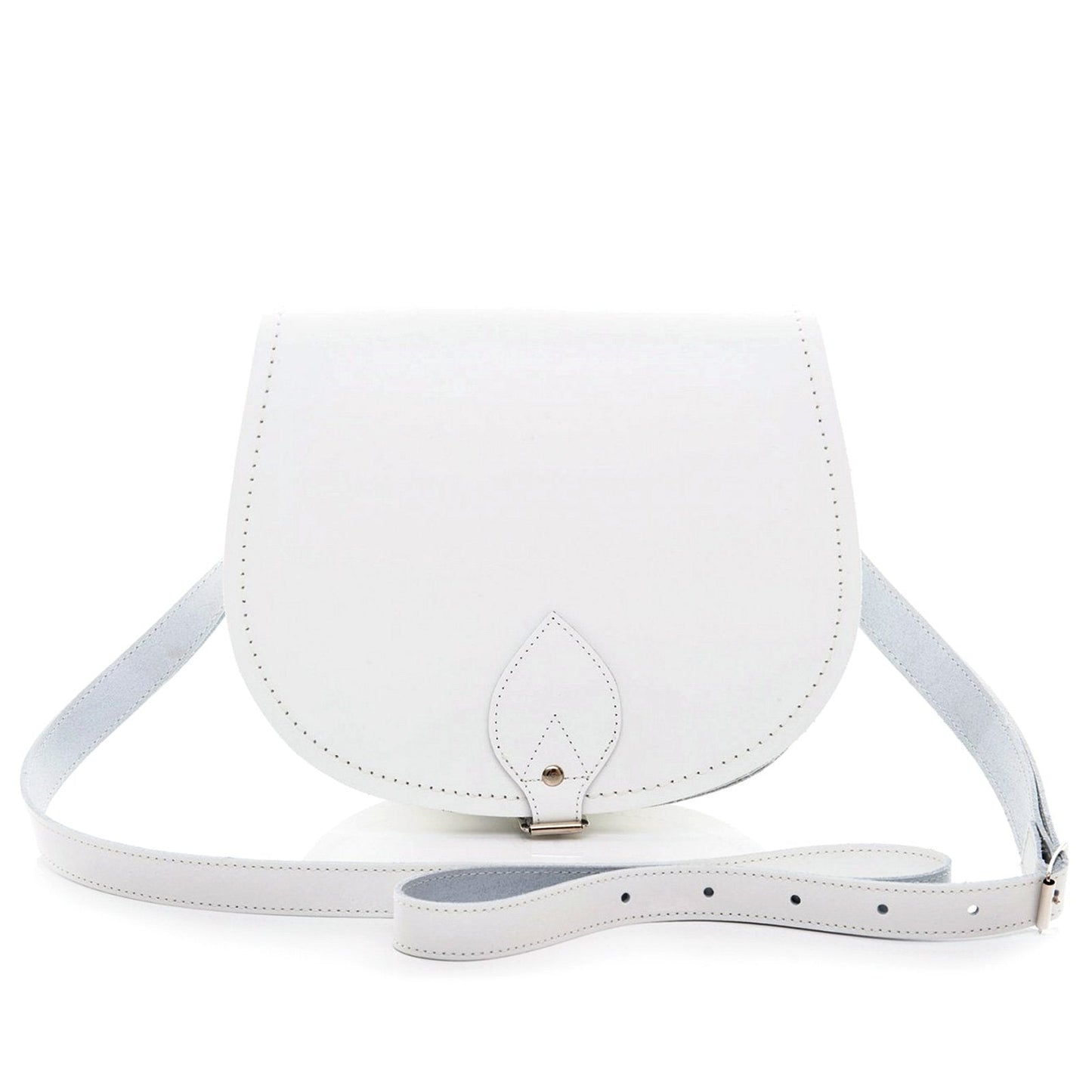 Exquisite Handmade White Leather Saddle Bag featuring adjustable crossbody design, crafted in premium leather with contrasting stitching, perfect for stylish everyday use. Available in two sizes and customizable with inner engraving.