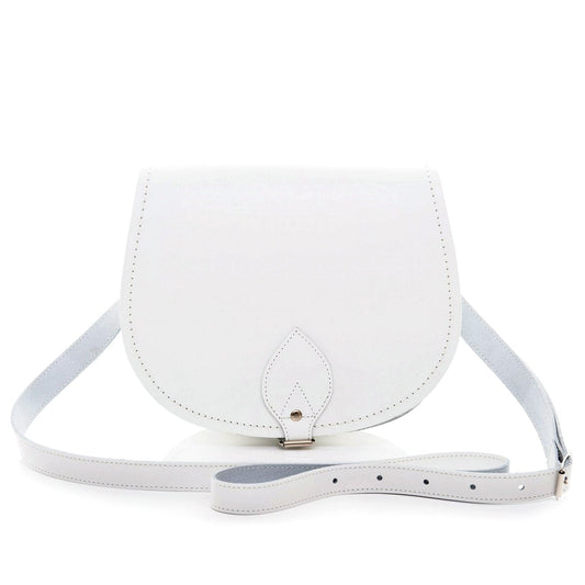 Exquisite Handmade White Leather Saddle Bag featuring adjustable crossbody design, crafted in premium leather with contrasting stitching, perfect for stylish everyday use. Available in two sizes and customizable with inner engraving.