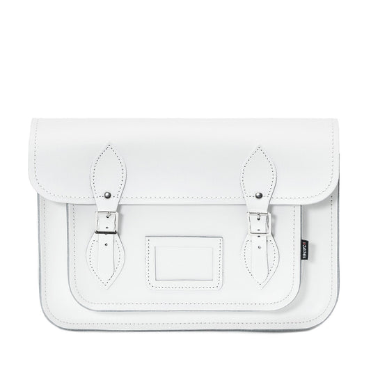 Luxury Handmade White Leather Satchel by Zatchels, elegantly designed to fit laptops up to 15 inches, showcasing high-quality craftsmanship.