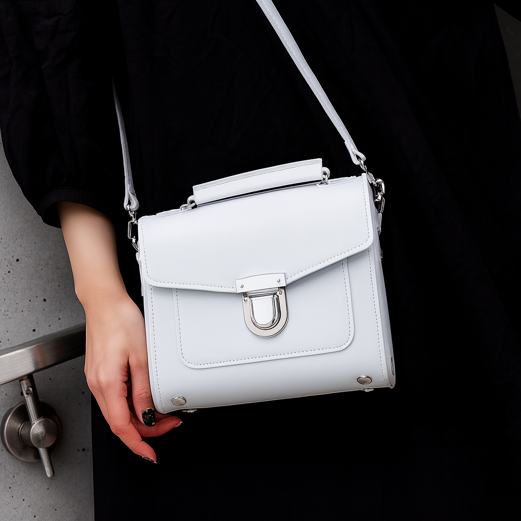 Handmade White Leather Sugarcube Handbag - Adjustable, Detachable Strap, Sizes Small to Grande
