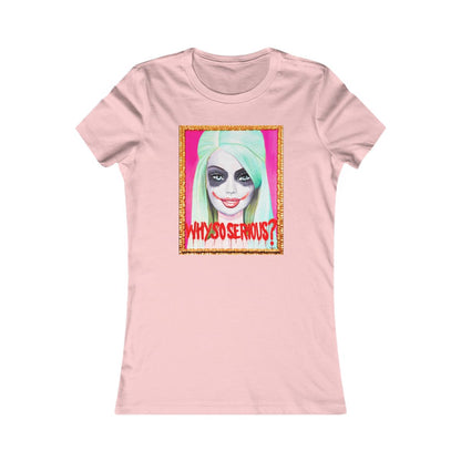 Front view of the Why So Serious Joker Barbie women's graphic slim fit t-shirt, featuring a vibrant pop art design of a glamorous character with striking makeup.