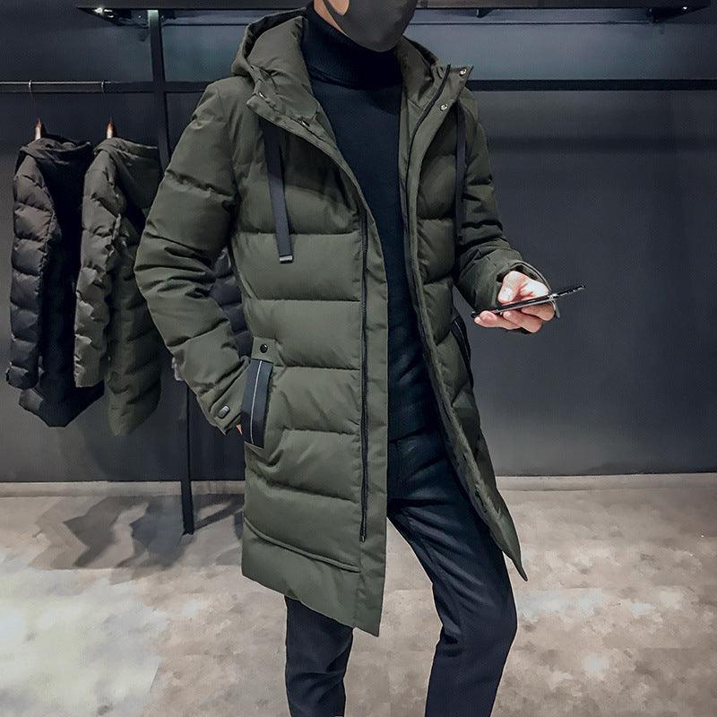 Men's mid-length hooded jacket displayed in a sophisticated green colour, featuring breathable material for everyday comfort.