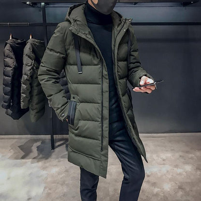 Men's mid-length hooded jacket displayed in a sophisticated green colour, featuring breathable material for everyday comfort.