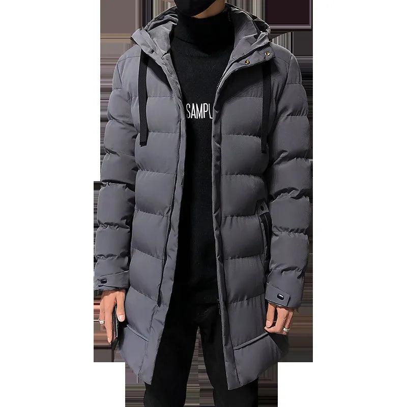 Men's mid-length hooded padded jacket in luxurious black, perfect for stylish layering during autumn and winter.