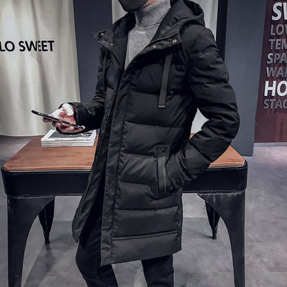 Men's mid-length hooded padded jacket in luxurious black, featuring a high neck and side pockets, perfect for elegant layering during autumn and winter.