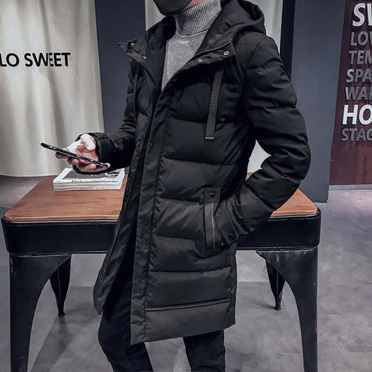 Men's mid-length hooded padded jacket in luxurious black, featuring a high neck and side pockets, perfect for elegant layering during autumn and winter.