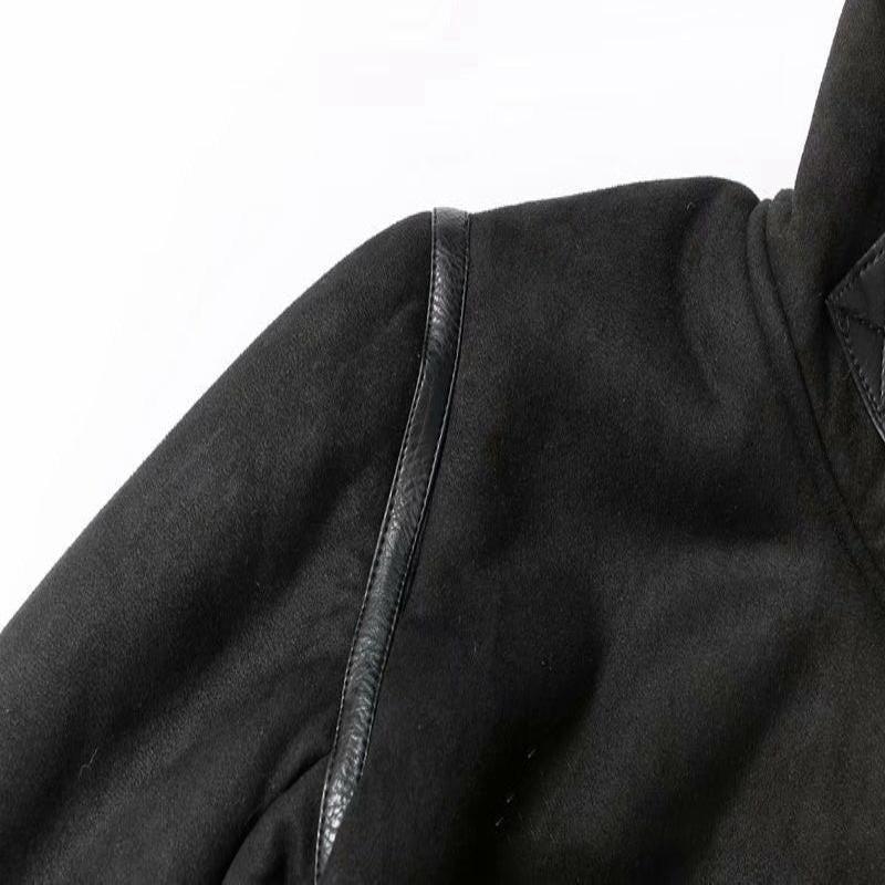 Luxurious Suede Lamb Wool Winter Lapel Jacket in Black, ideal for winter warmth and elegance, available in sizes XS to XL.