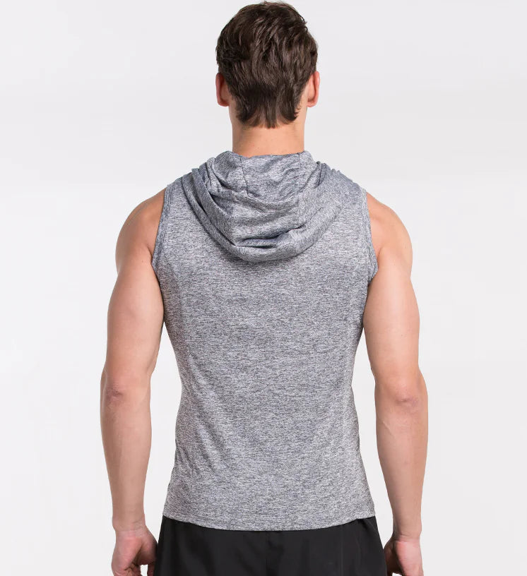 Back view of a sleek men's sleeveless training shirt with hood, designed for peak performance during workouts.