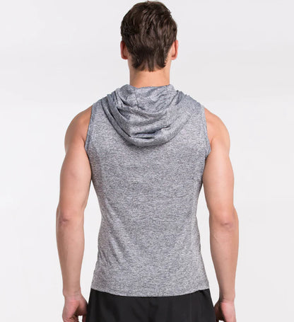 Back view of a sleek men's sleeveless training shirt with hood, designed for peak performance during workouts.