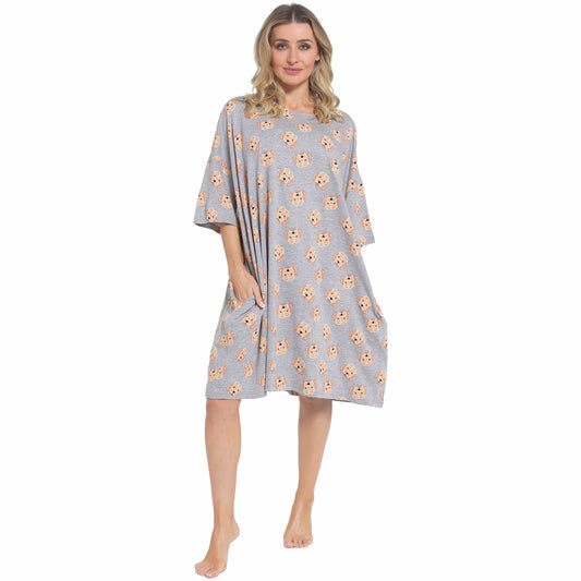 Elegant Women's Oversized Cockapoo Baggy Nighty Dress in 100% cotton, featuring charming sloth and highland cow prints, perfect for a luxurious night's sleep.