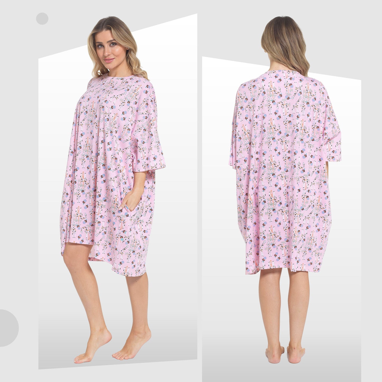 Charming giraffe print on the Women's Baggy Nighty Dress, exemplifying playful luxury in stylish sleepwear for discerning ladies.