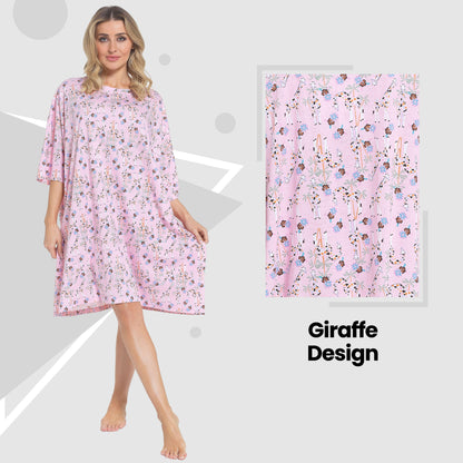 Close-up of the luxurious fabric of the Women's Giraffe Baggy Nighty Dress, highlighting its softness and breathable 100% cotton material, ideal for a cozy night.