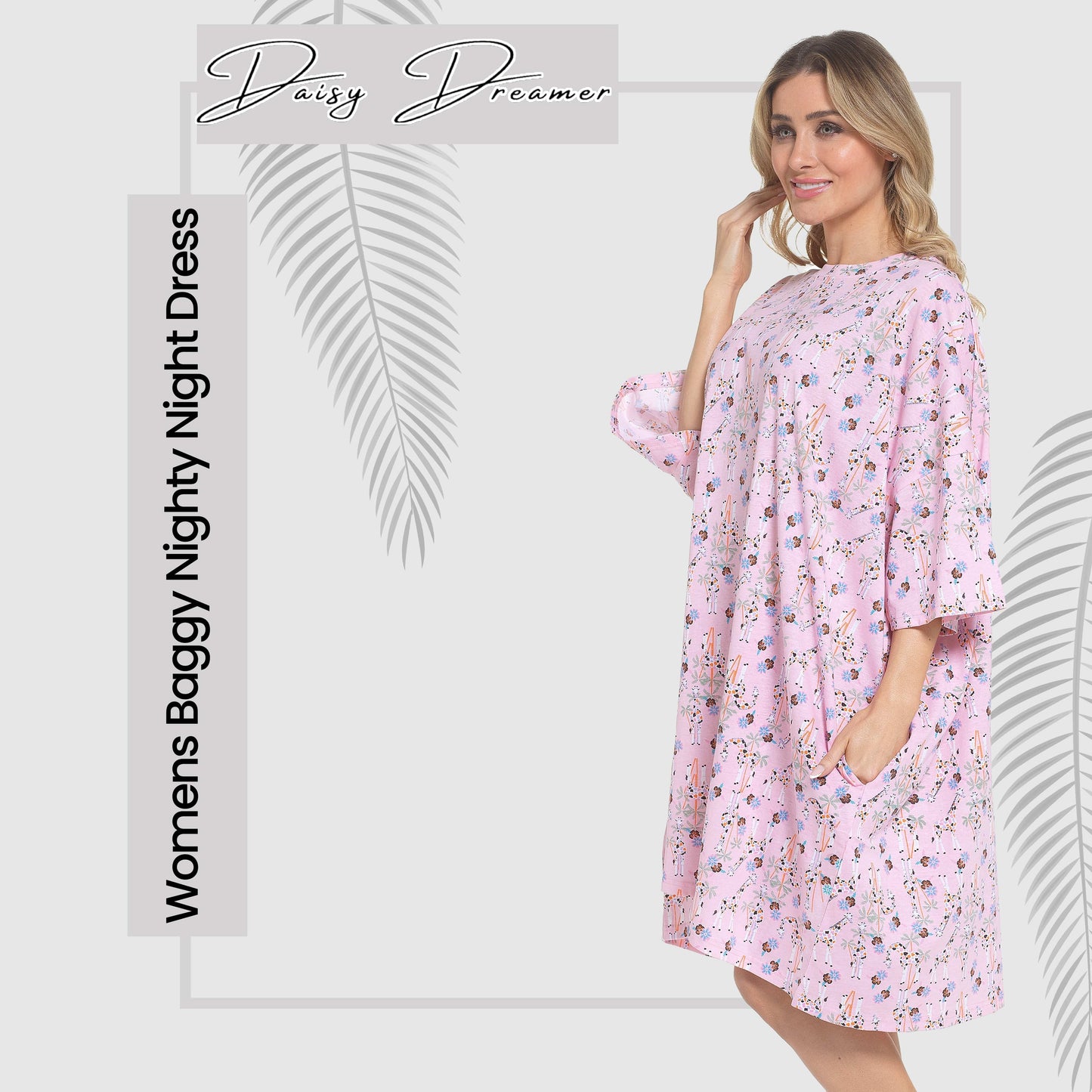 Elegant colour options of the Women's Giraffe Baggy Nighty Dress, featuring delightful giraffe prints, perfect for adding a touch of fun to luxury sleepwear.