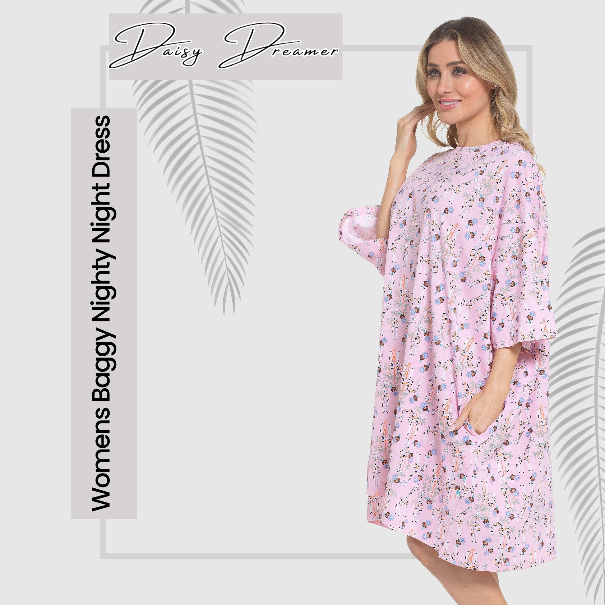 Elegant colour options of the Women's Giraffe Baggy Nighty Dress, featuring delightful giraffe prints, perfect for adding a touch of fun to luxury sleepwear.