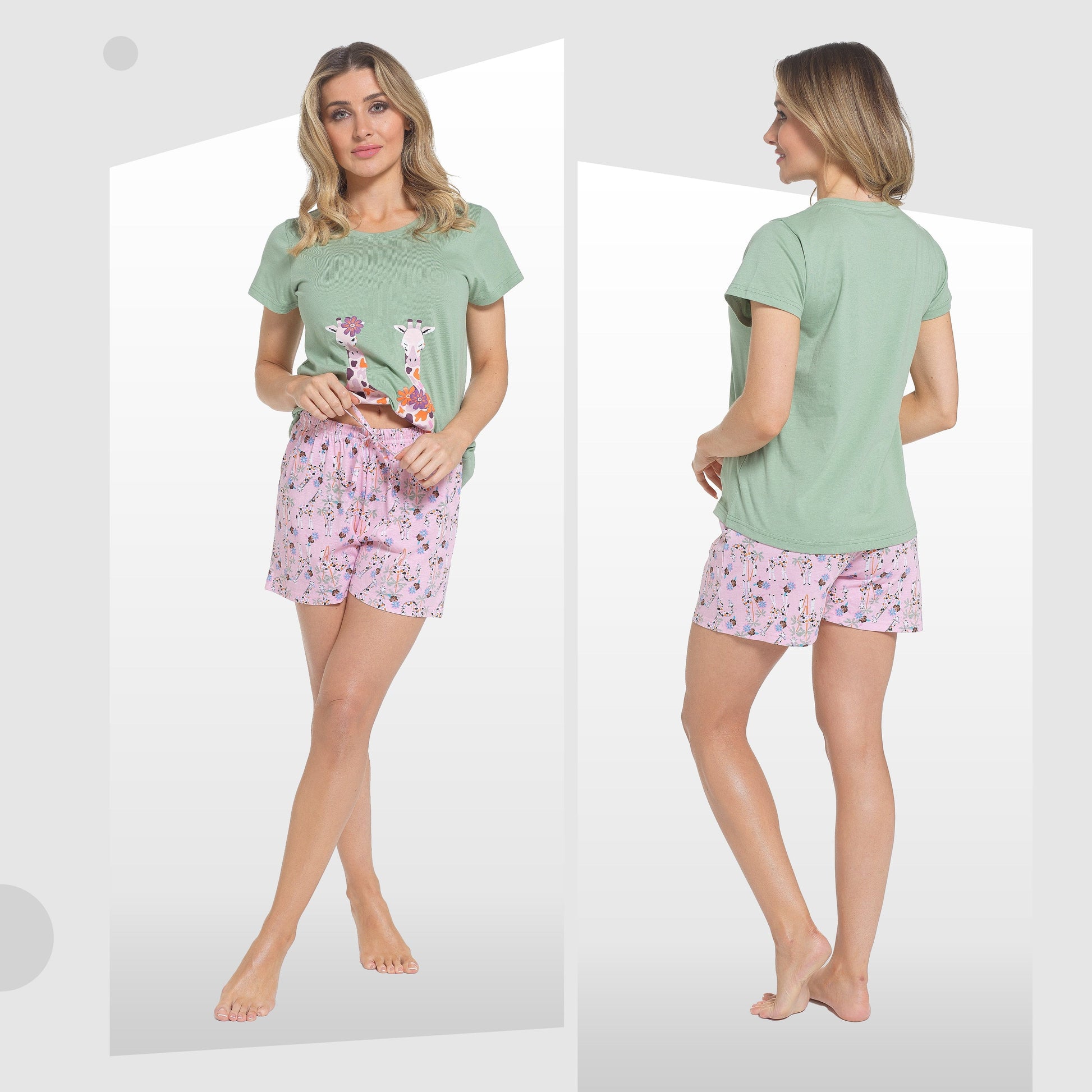 Luxurious Women's Giraffe Cotton Pyjama Set featuring a stylish T-shirt and shorts for ultimate summer comfort.