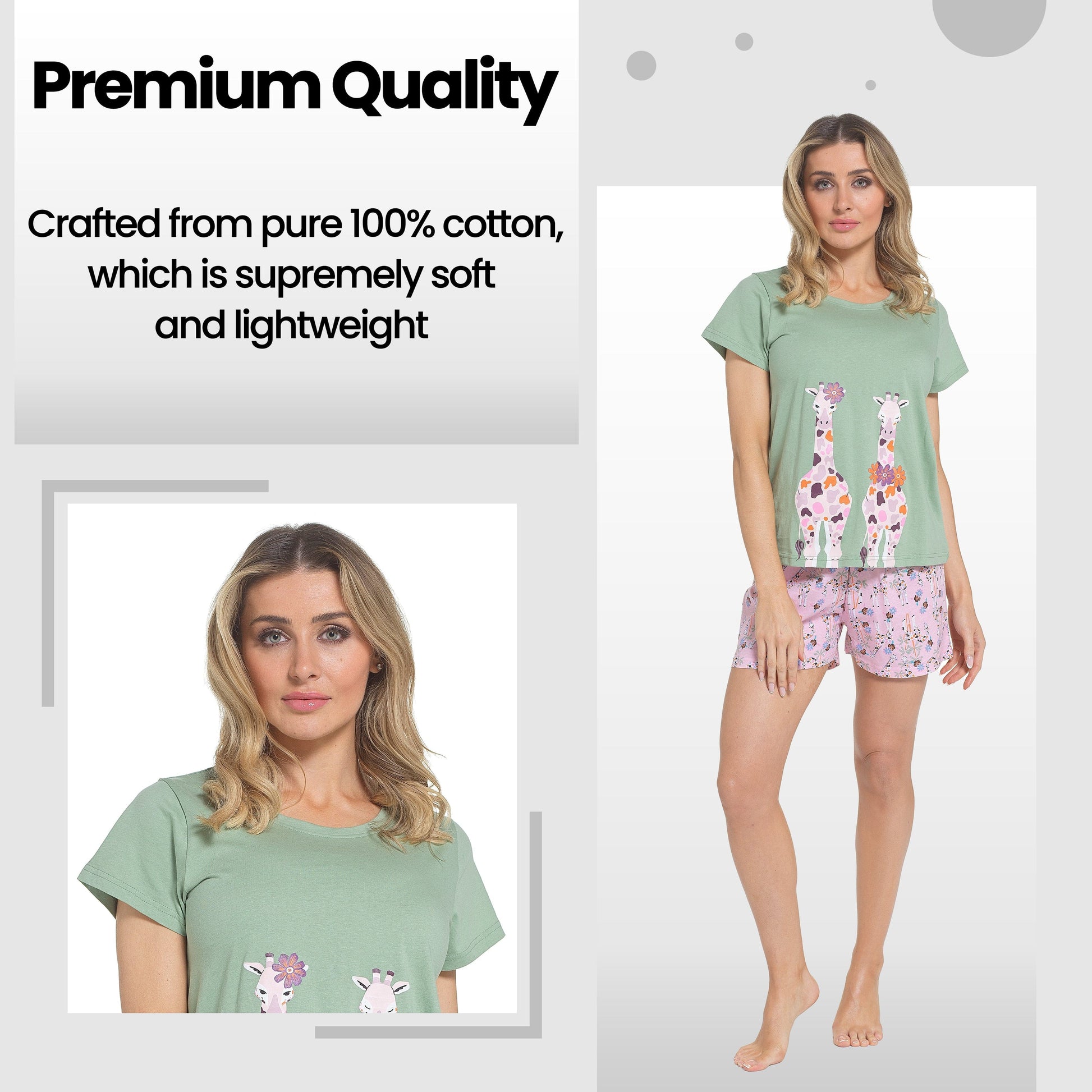Elegant Women's Giraffe Cotton Pyjama Set displayed on a chic bedroom background, perfect for summer lounging.