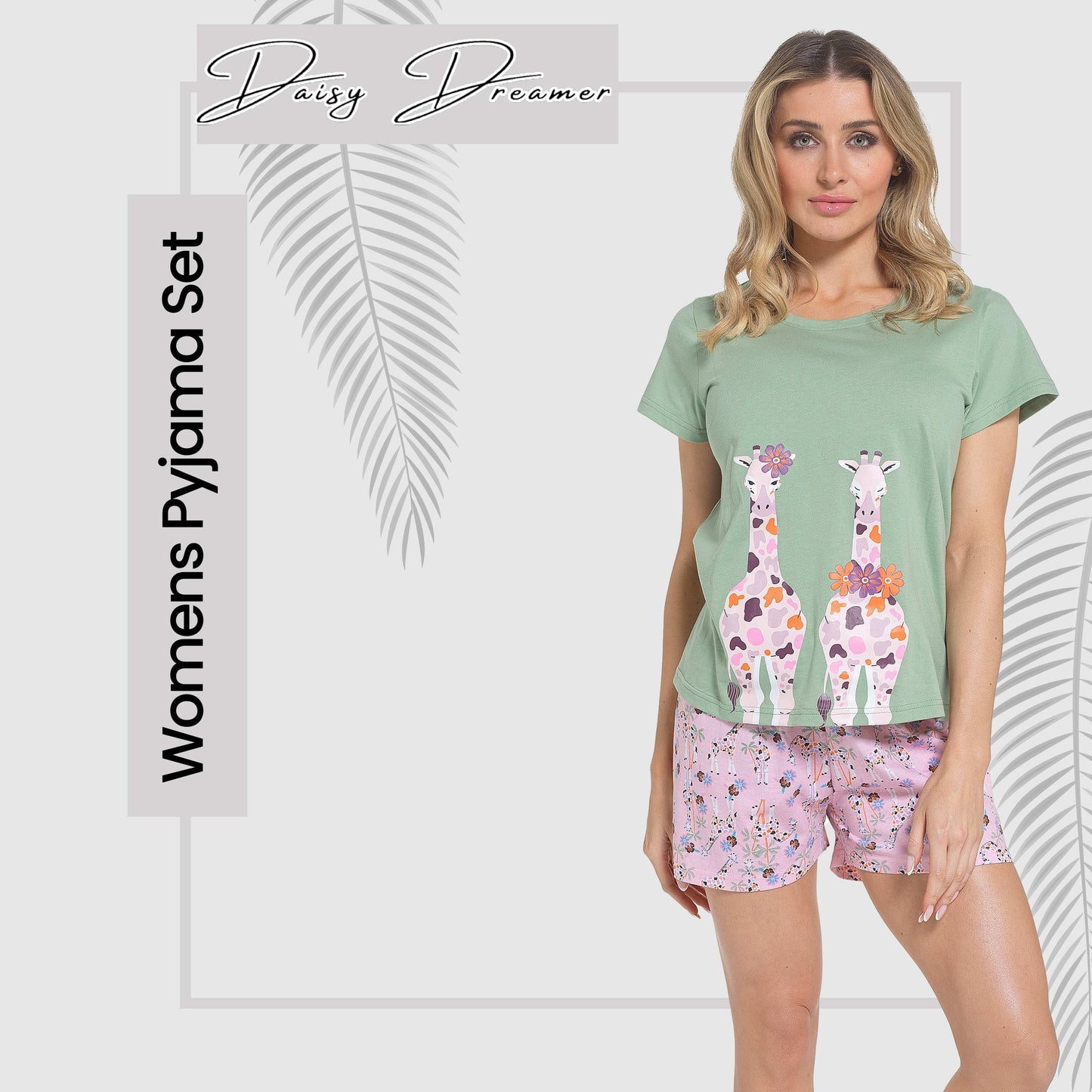 Versatile and stylish Women's Giraffe Pyjama Set, ideal for casual summer day lounging or as an exquisite gift.