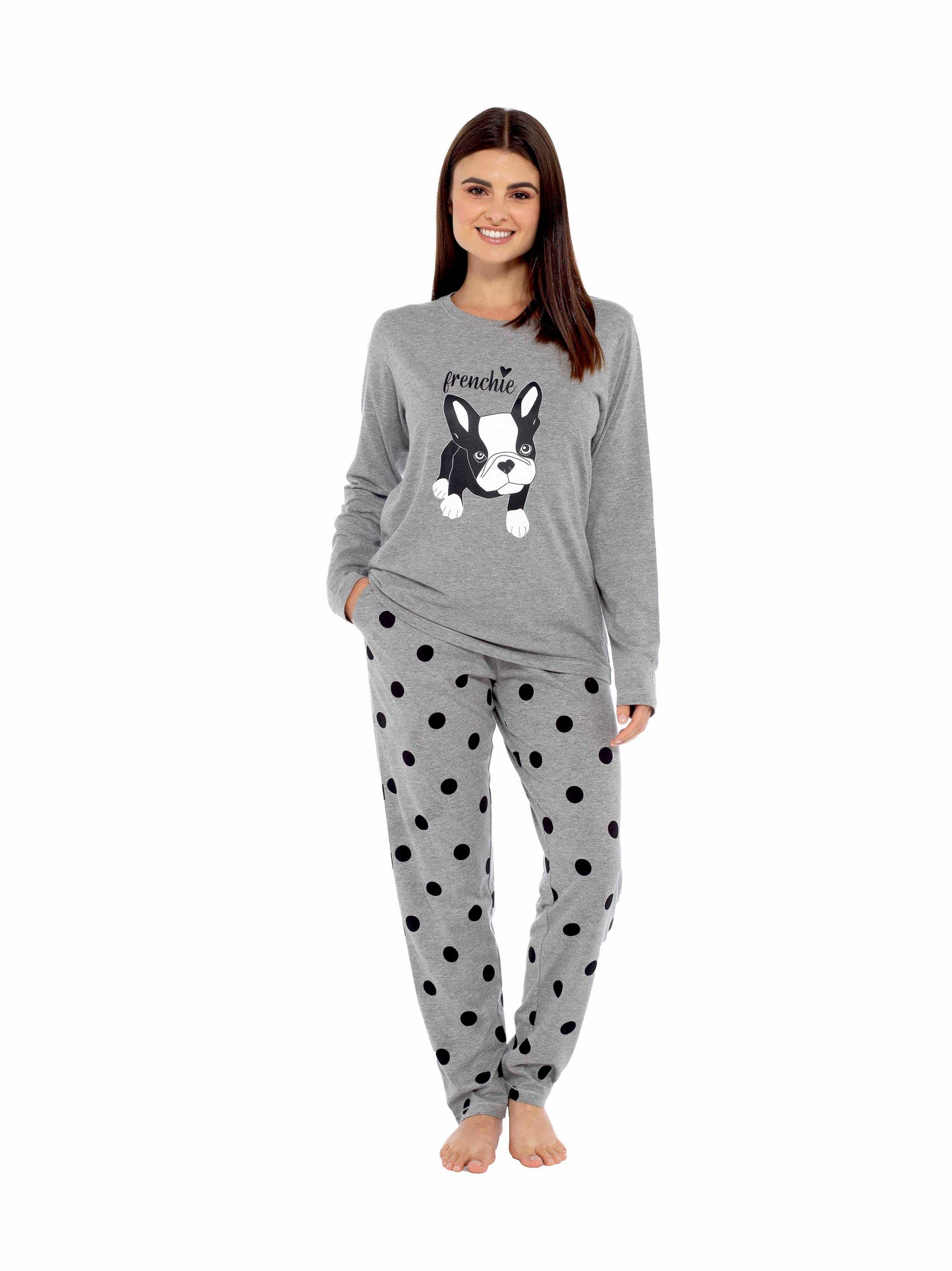 Luxurious Women's Grey Cotton Pyjama Set featuring a chic long sleeve top with playful Frenchie Pugs print and elegant polka dot pants, showcasing ultimate comfort and style for lounging.