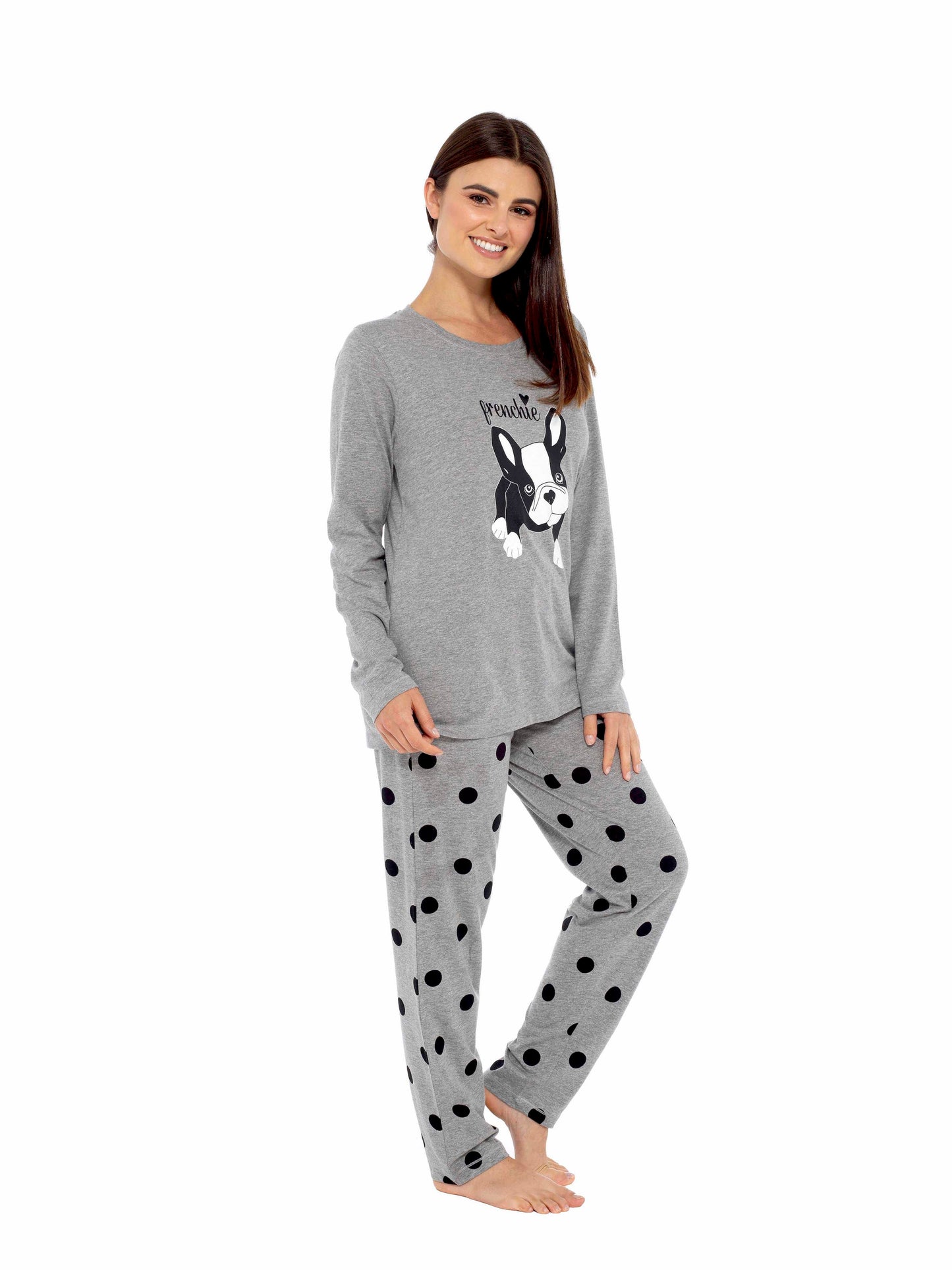 Stylish detail of the grey long sleeve top from the Women's Frenchie Pugs Cotton Pyjama Set, designed for elegance and comfort, perfect for a cozy night in.