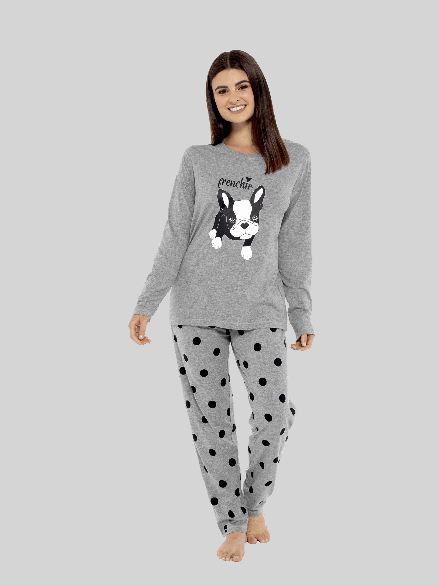 Luxurious Women's Grey Cotton Pyjama Set featuring a charming Frenchie Pugs print, complemented by polka dot pants for a chic lounge look.