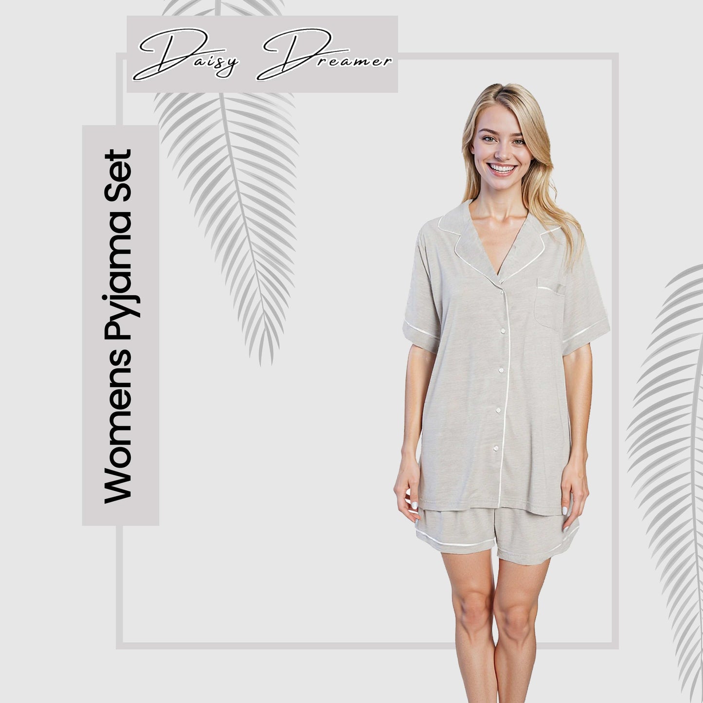 Model wearing the versatile Women's Grey Short Pyjama Set with pockets, highlighting its stylish design and flattering fit on various body types.
