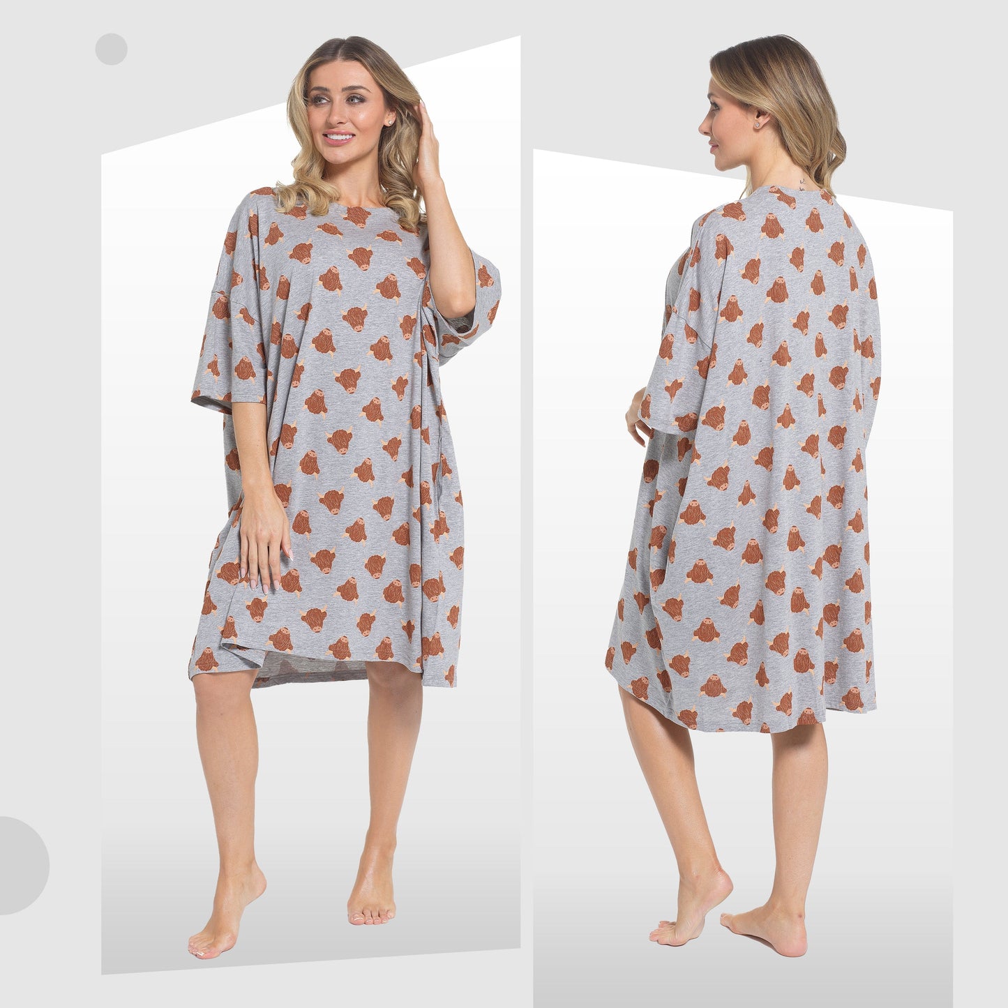 Luxurious Women's Highland Cow Cream Baggy Nighty Dress showcasing its oversized design and soft 100% cotton fabric, perfect for a relaxing night.