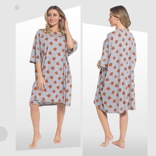 Luxurious Women's Highland Cow Cream Baggy Nighty Dress showcasing its oversized design and soft 100% cotton fabric, perfect for a relaxing night.