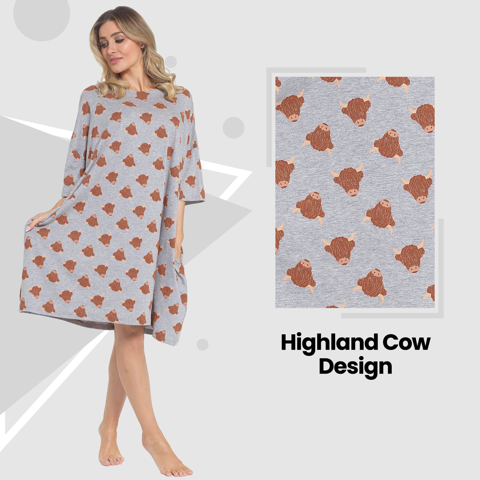 Elegantly styled Highland Cow Cream Nightshirt featuring whimsical cow prints, crafted for unparalleled comfort and chic lounging.