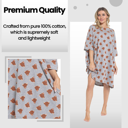 Stunning details of the Women's Highland Cow Cream Nighty Dress, highlighting its relaxed fit and breathable cotton material for ultimate comfort.