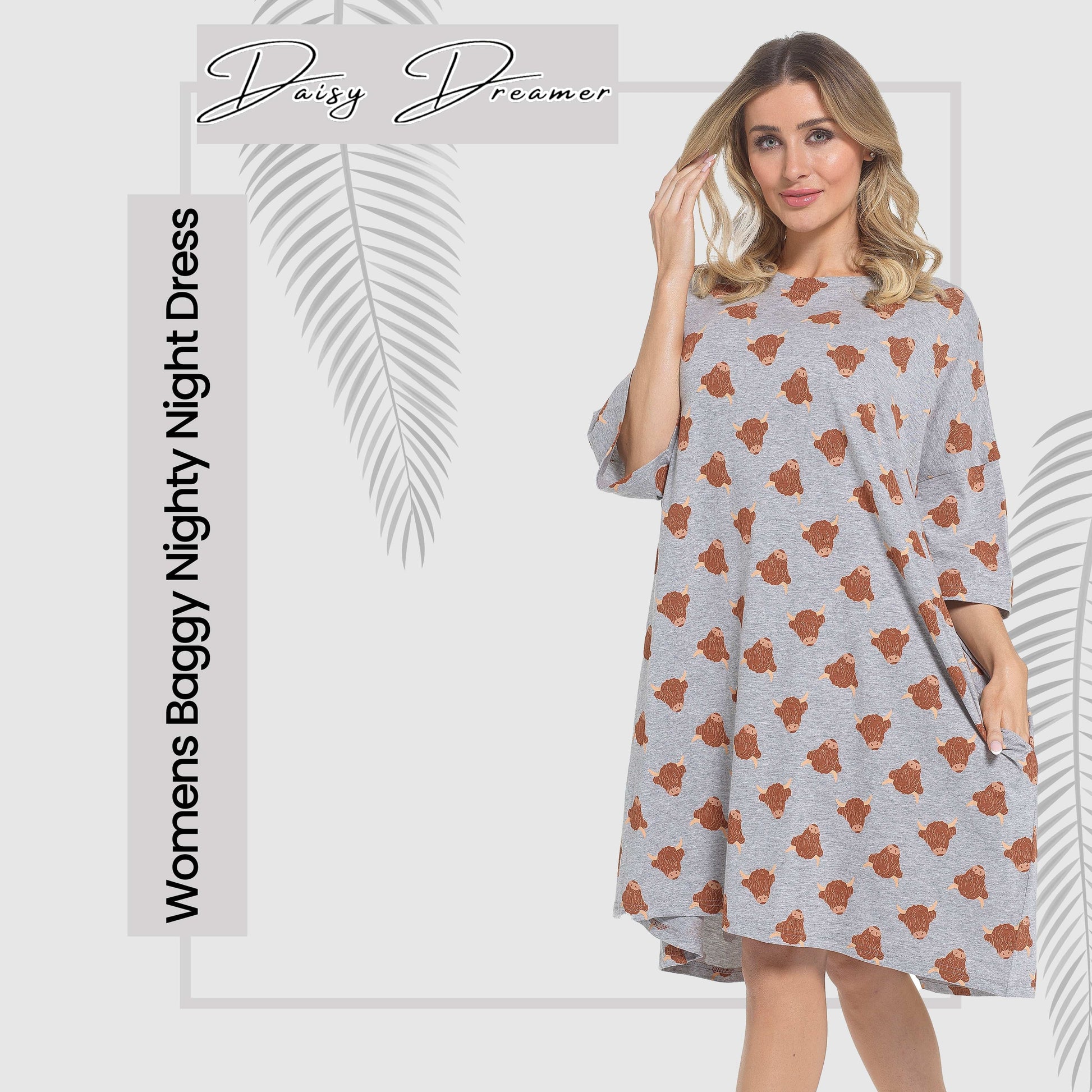 Charming Highland Cow Cream Nightdress displayed on a serene backdrop, embodying luxury and whimsical style, ideal for stylish bedtime wear.