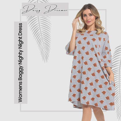 Charming Highland Cow Cream Nightdress displayed on a serene backdrop, embodying luxury and whimsical style, ideal for stylish bedtime wear.