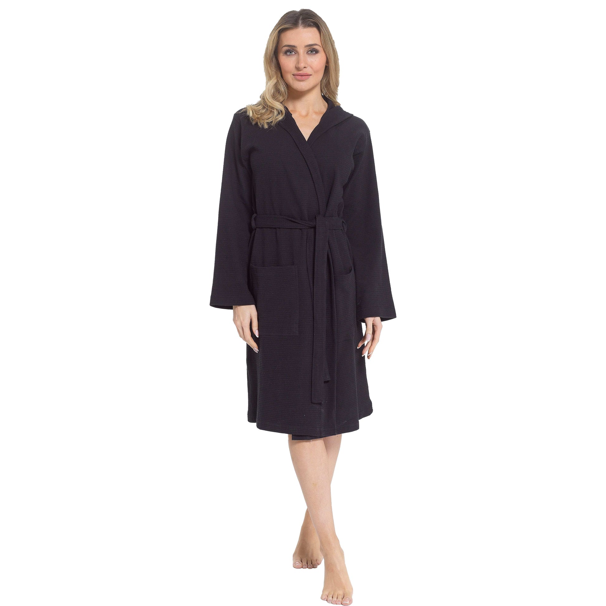 Luxury Women's Hooded Waffle Cotton Bathrobe in Elegant Black, showcasing the soft, absorbent fabric and stylish design, perfect for spa and home relaxation.