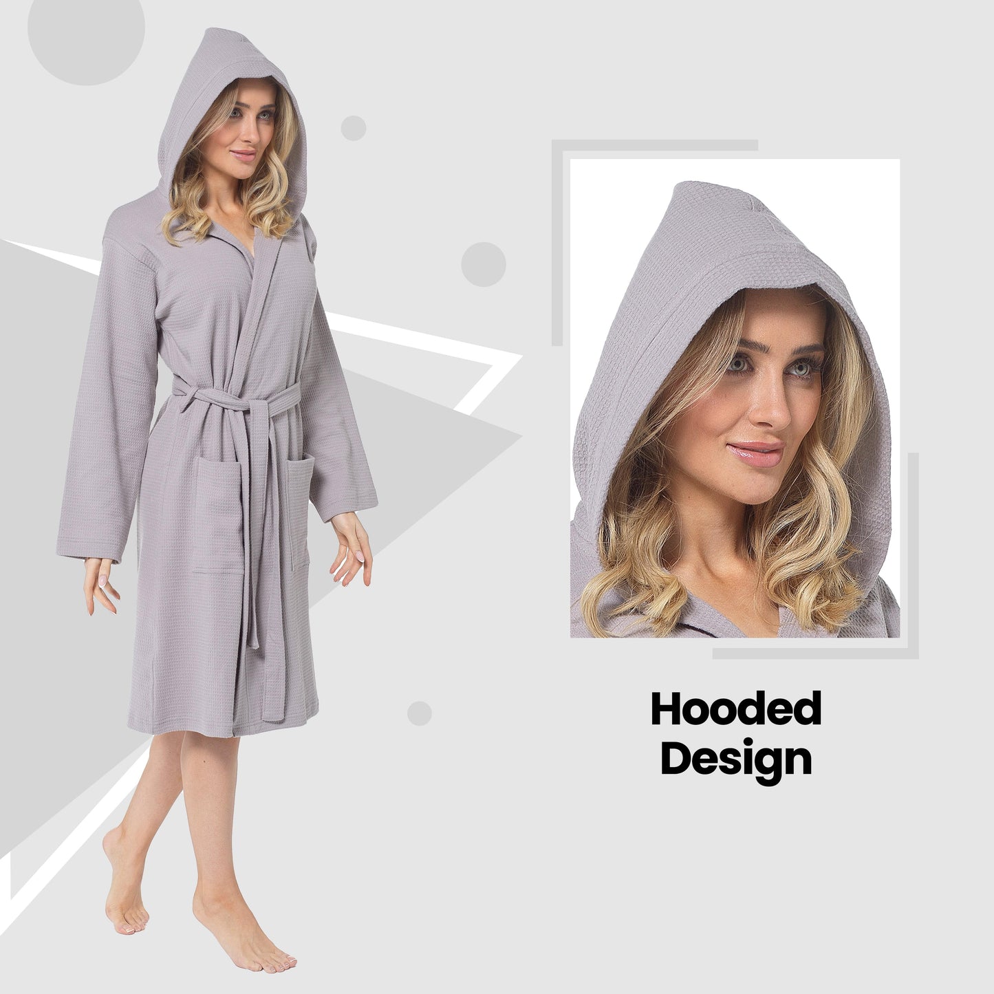 High-quality Grey Hooded Cotton Bathrobe for women, designed with waffle pattern for optimal absorbency and comfort after baths or while lounging.