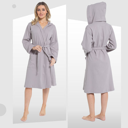 Elegant Women's Hooded Cotton Bathrobe by Daisy Dreamer in Grey, featuring a soft texture and versatile use for home, travel, or spa days.