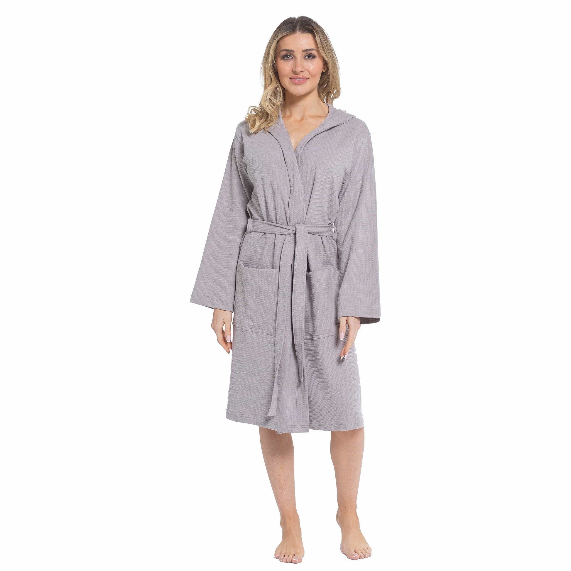 Luxury Women's Hooded Waffle Cotton Bathrobe in Grey, showcasing its super absorbent fabric and stylish design, perfect for home and spa relaxation.