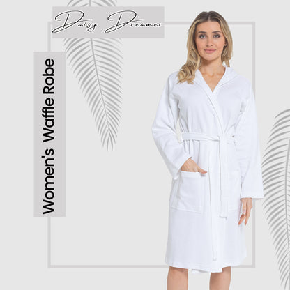 White luxurious cotton waffle bathrobe for women, reflecting elegance and comfort, available in various sizes for the perfect fit.