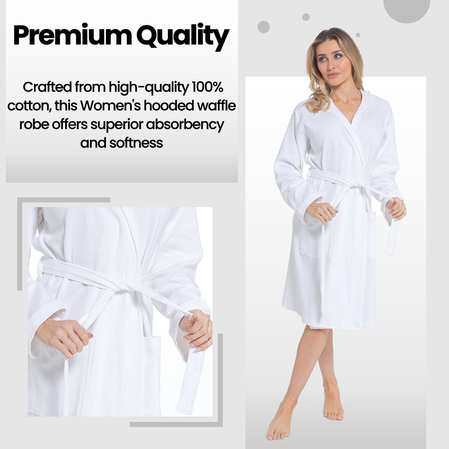 Premium white bathrobe with a hood, made from 100% cotton, perfect for spa days and lounging, offering a blend of style and functionality.