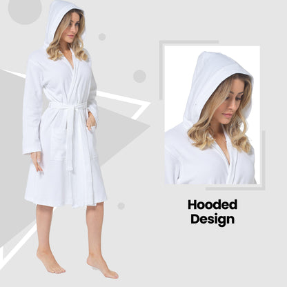 Chic women's cotton bathrobe with hood, highlighting versatility for home and travel, designed for ultimate luxury and comfort.