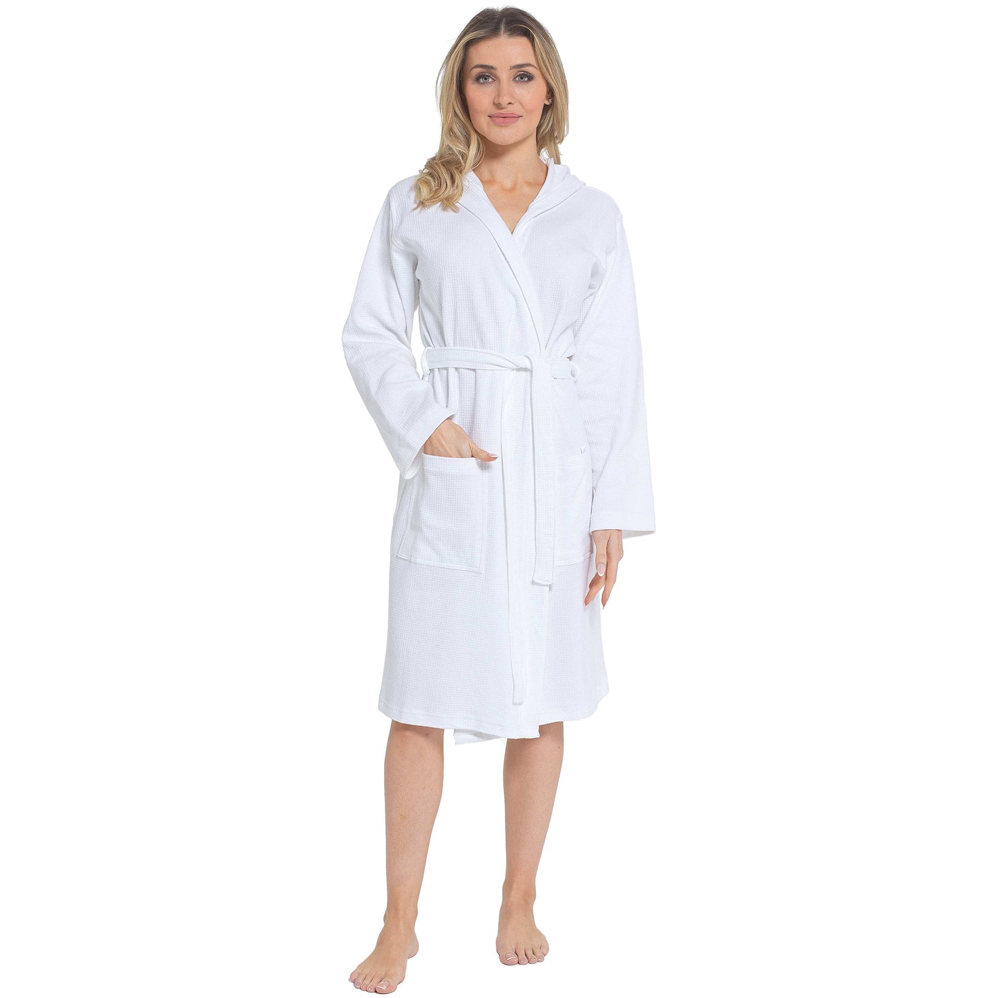 Luxurious Women's Hooded Waffle Cotton Bathrobe in White, showcasing its soft and absorbent fabric, perfect for spa and home relaxation.