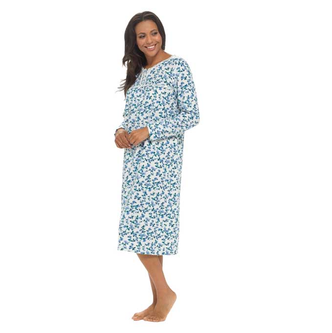 Women's long sleeve fleece nightdress soft warm floral pr...