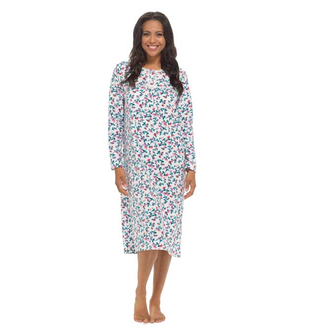 Women's long sleeve fleece nightdress soft warm floral pr...